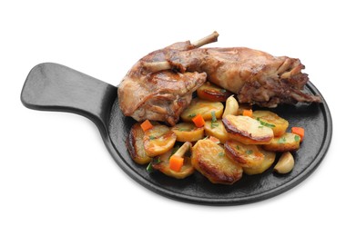 Photo of Tasty cooked rabbit meat with vegetables isolated on white