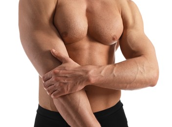 Photo of Man with muscular body on white background, closeup