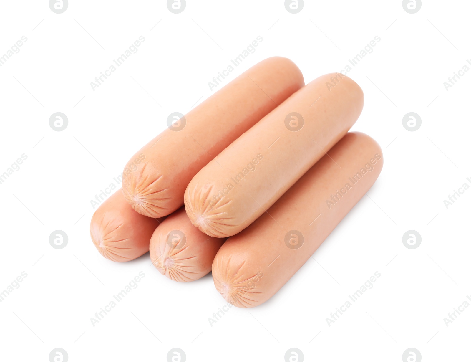 Photo of Many delicious boiled sausages on white background