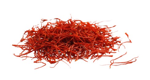 Photo of Pile of dried red saffron isolated on white