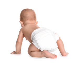 Photo of Cute little baby in diaper on white background