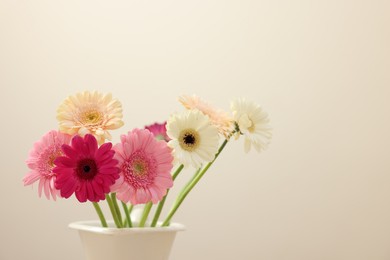 Photo of Vase with beautiful gerbera flowers on beige background, closeup. Space for text