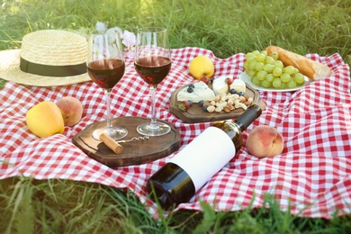 Photo of Picnic blanket with delicious food and wine on green grass in park