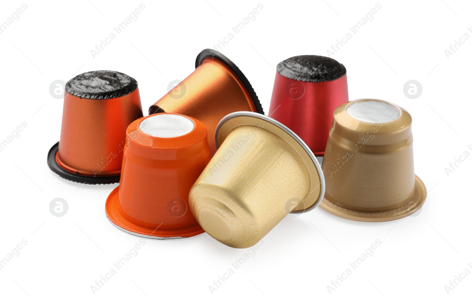 Photo of Many plastic coffee capsules isolated on white