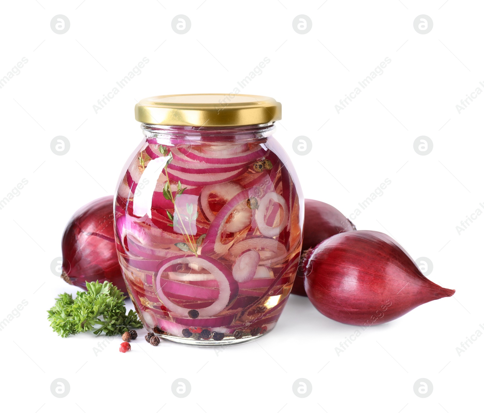 Photo of Jar of pickled onions isolated on white