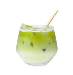 Glass of tasty iced matcha latte isolated on white