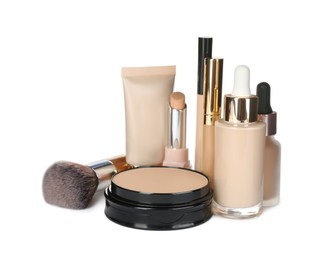 Photo of Foundation makeup products on white background. Decorative cosmetics