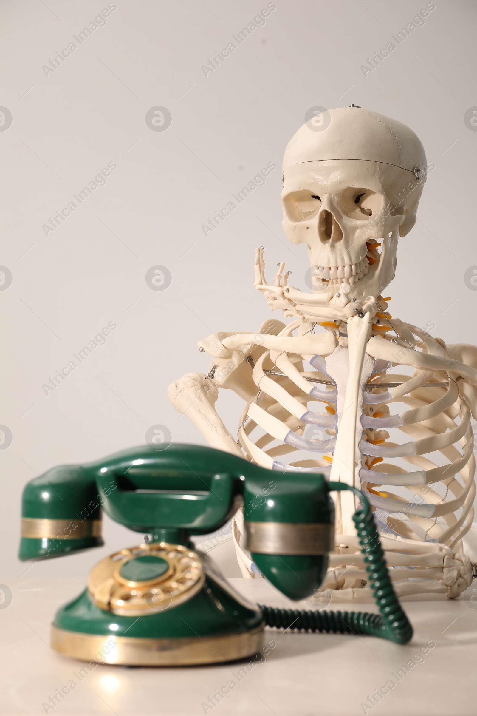 Photo of Waiting concept. Human skeleton at table with corded telephone against light grey background