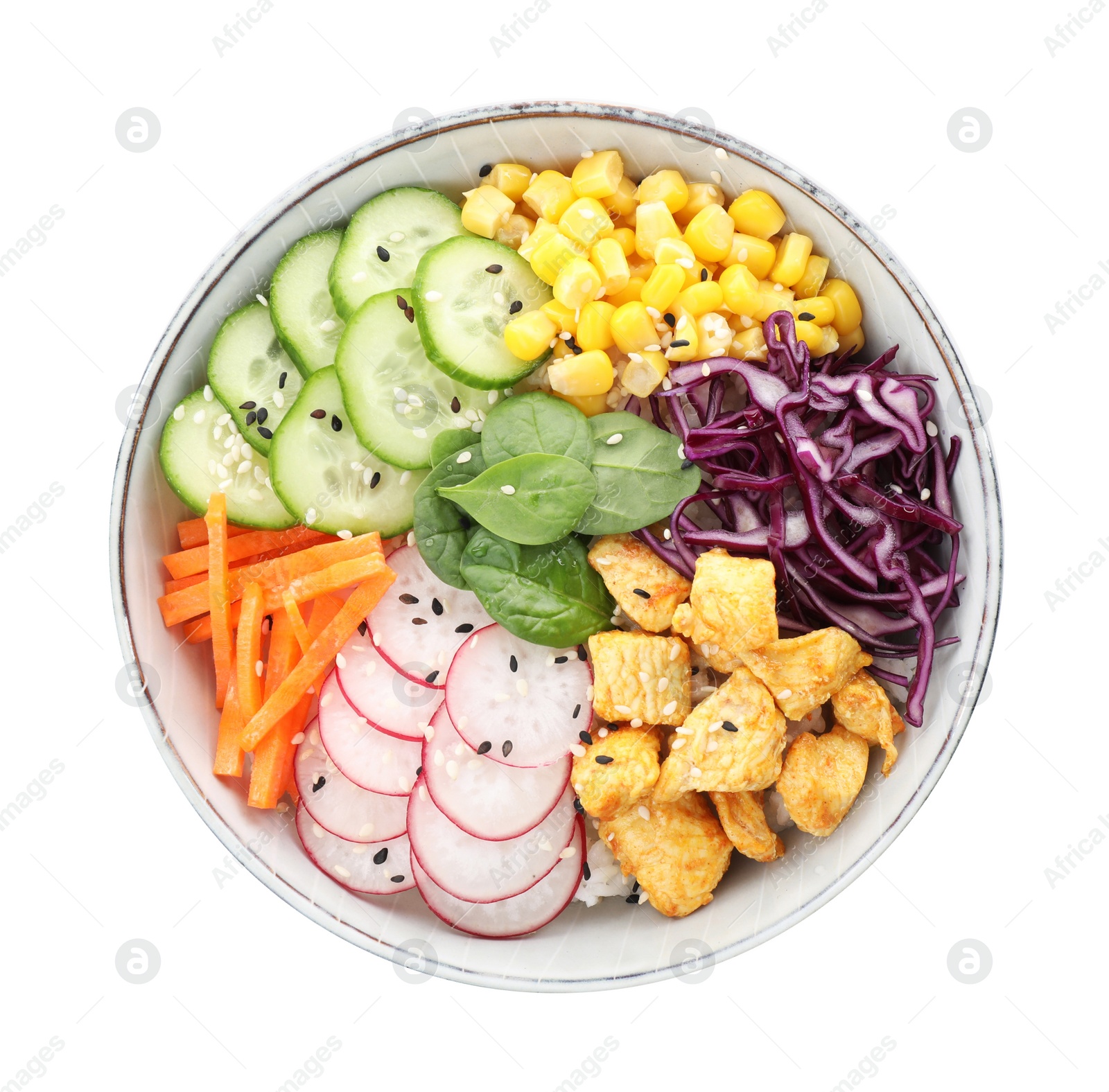 Photo of Delicious salad with chicken, vegetables and spinach in bowl isolated on white, top view