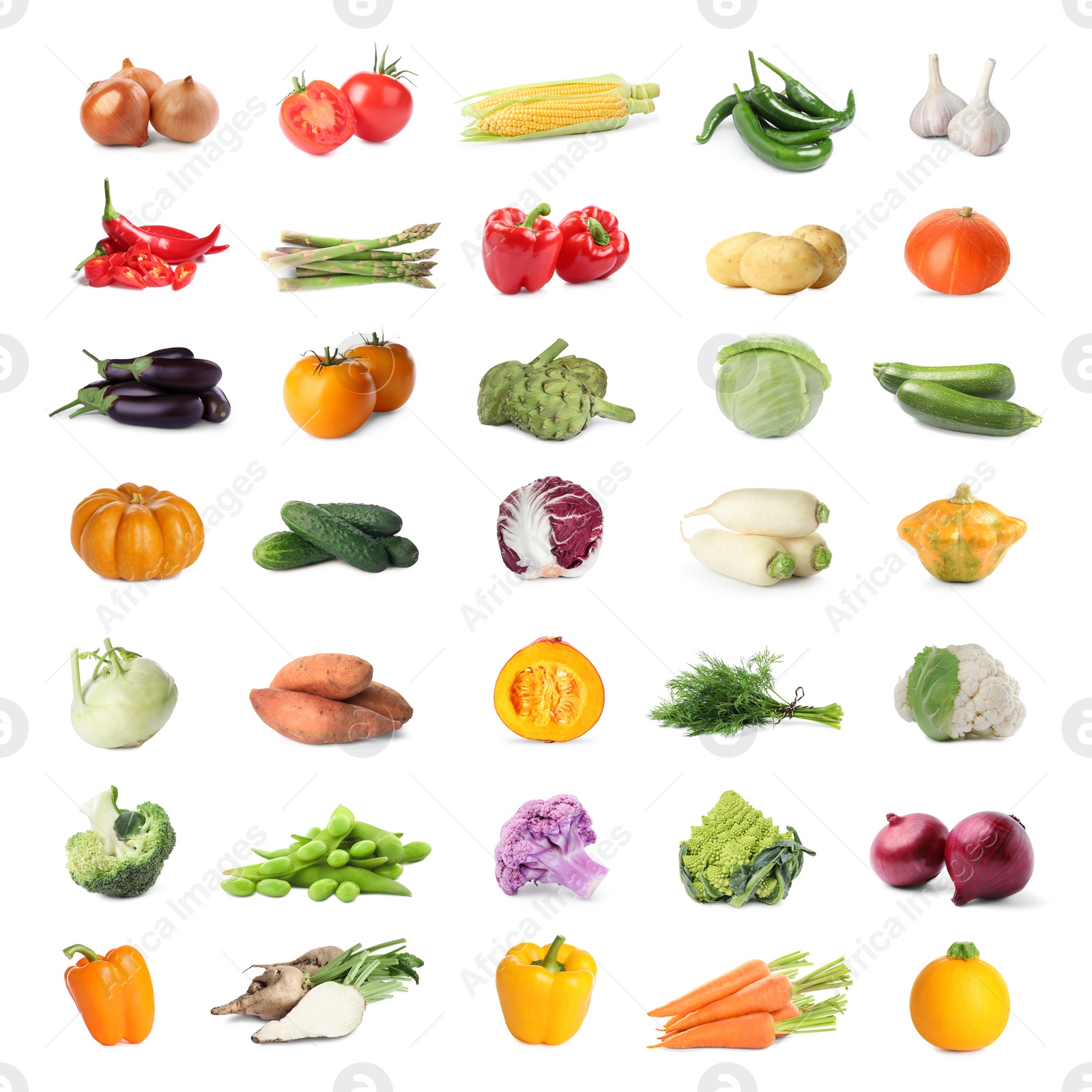 Image of Collage with many fresh vegetables on white background