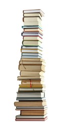 Photo of High stack of many different books isolated on white