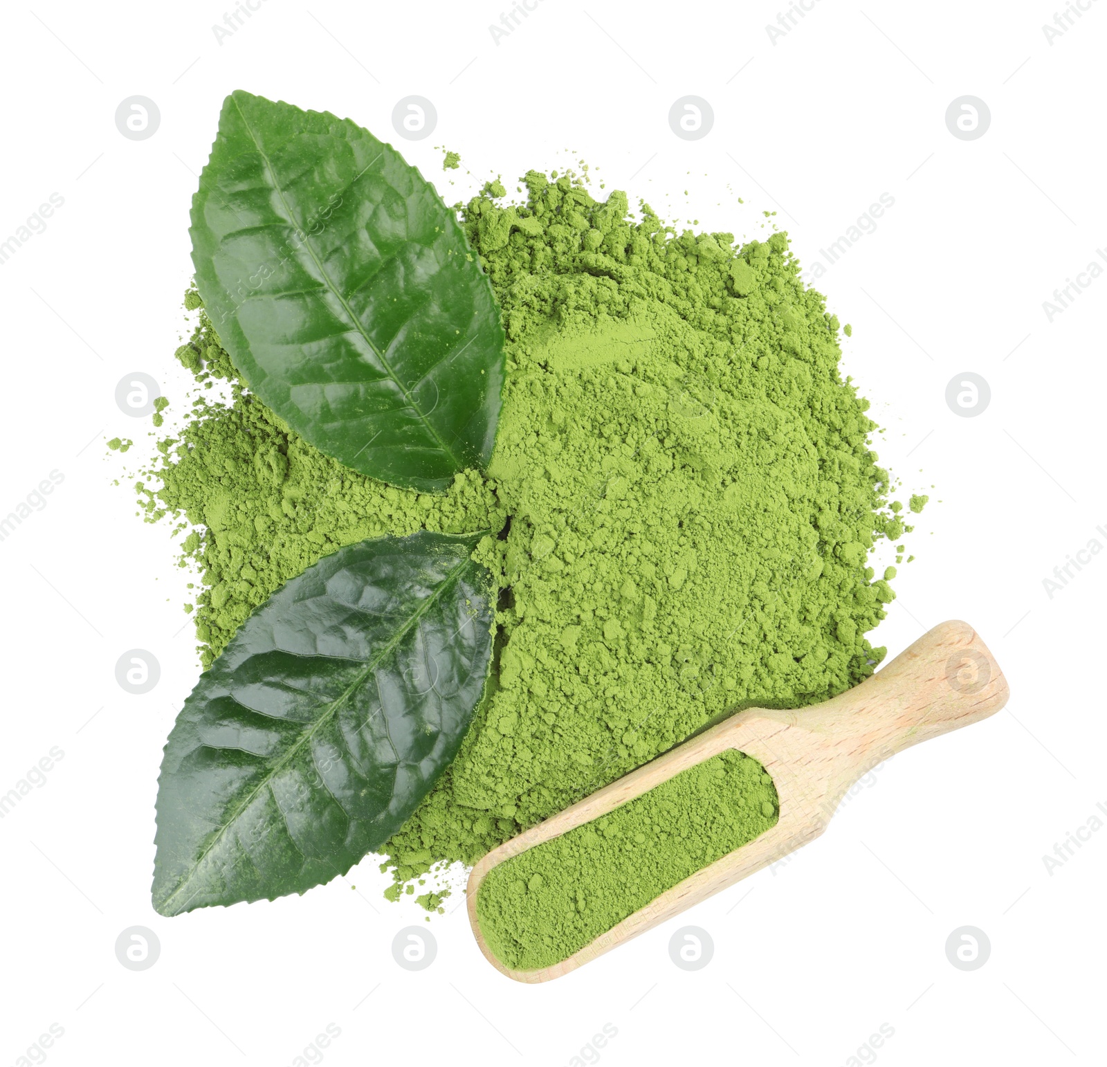 Photo of Pile of green matcha powder, leaves and scoop isolated on white, top view