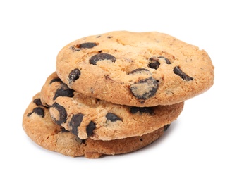 Delicious chocolate chip cookies on white background