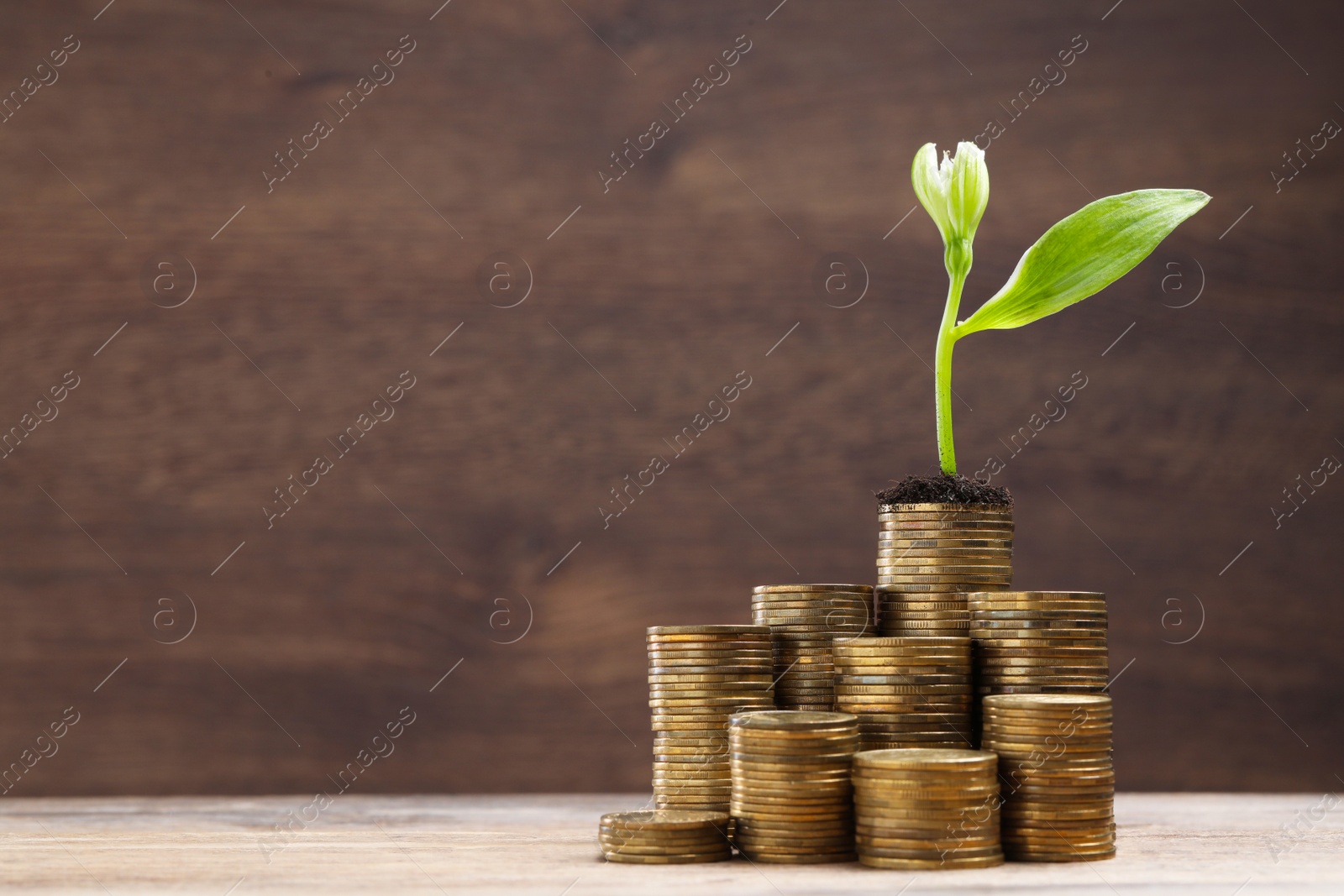 Photo of Stacks of coins with flower on wooden table, space for text. Investment concept