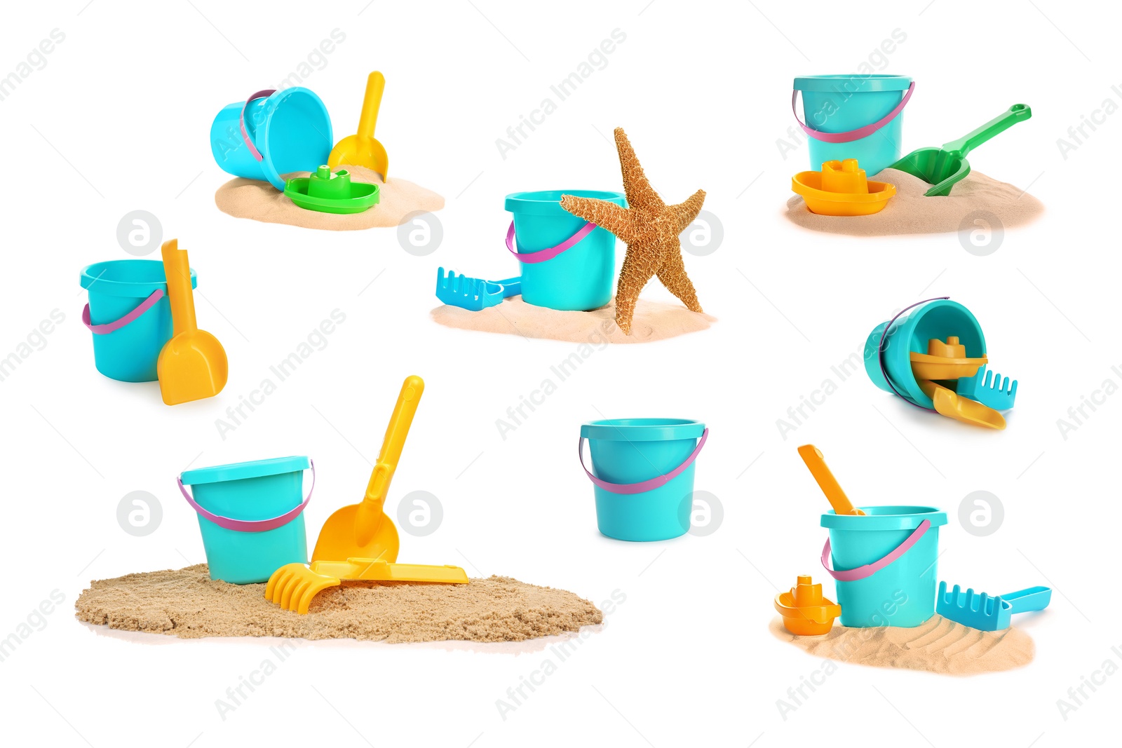 Image of Set of different plastic beach toys on white background 