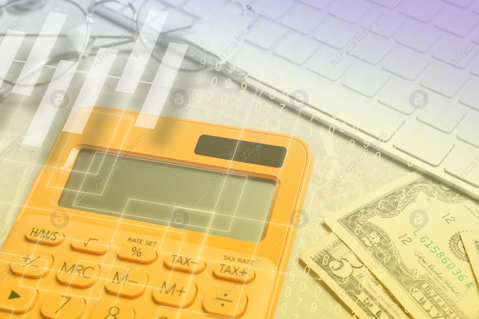 Image of Calculator, glasses, keyboard and money on table, closeup