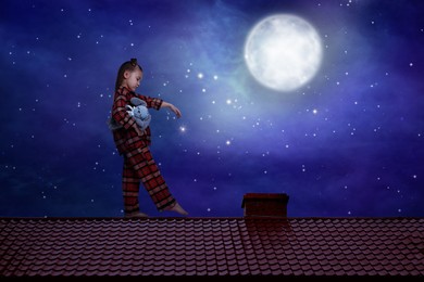 Image of Girl holding toy and sleepwalking on roof under starry sky with full moon
