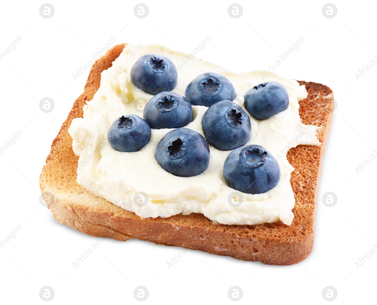 Photo of Tasty sandwich with cream cheese and blueberries isolated on white