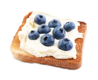 Photo of Tasty sandwich with cream cheese and blueberries isolated on white