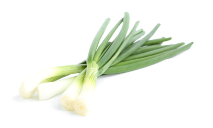 Photo of Fresh green spring onions isolated on white