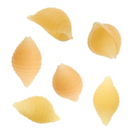 Raw conchiglie pasta isolated on white, set
