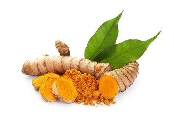 Photo of Aromatic turmeric powder, leaves and raw roots isolated on white