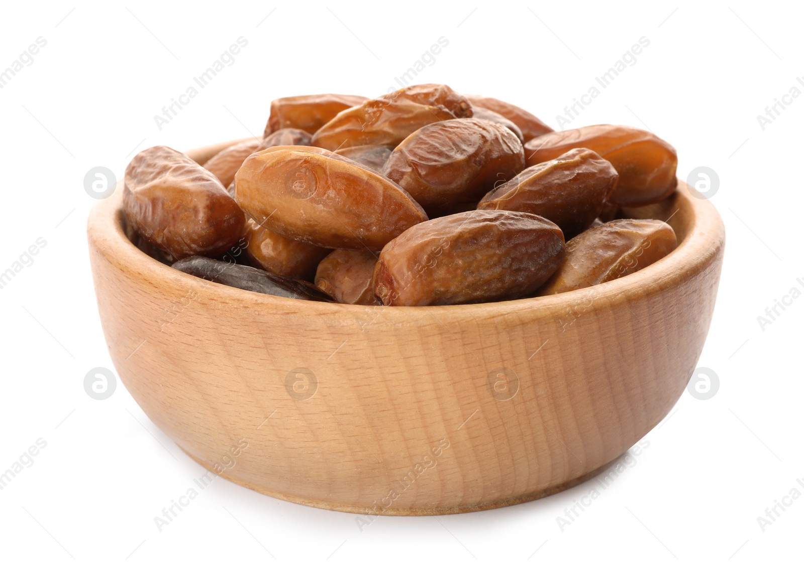 Photo of Bowl with sweet dates on white background. Dried fruit as healthy snack