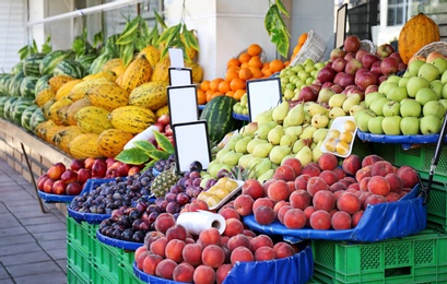 Market place with many different fresh fruits