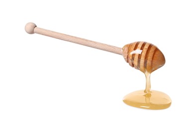 Photo of Natural honey dripping from dipper on white background