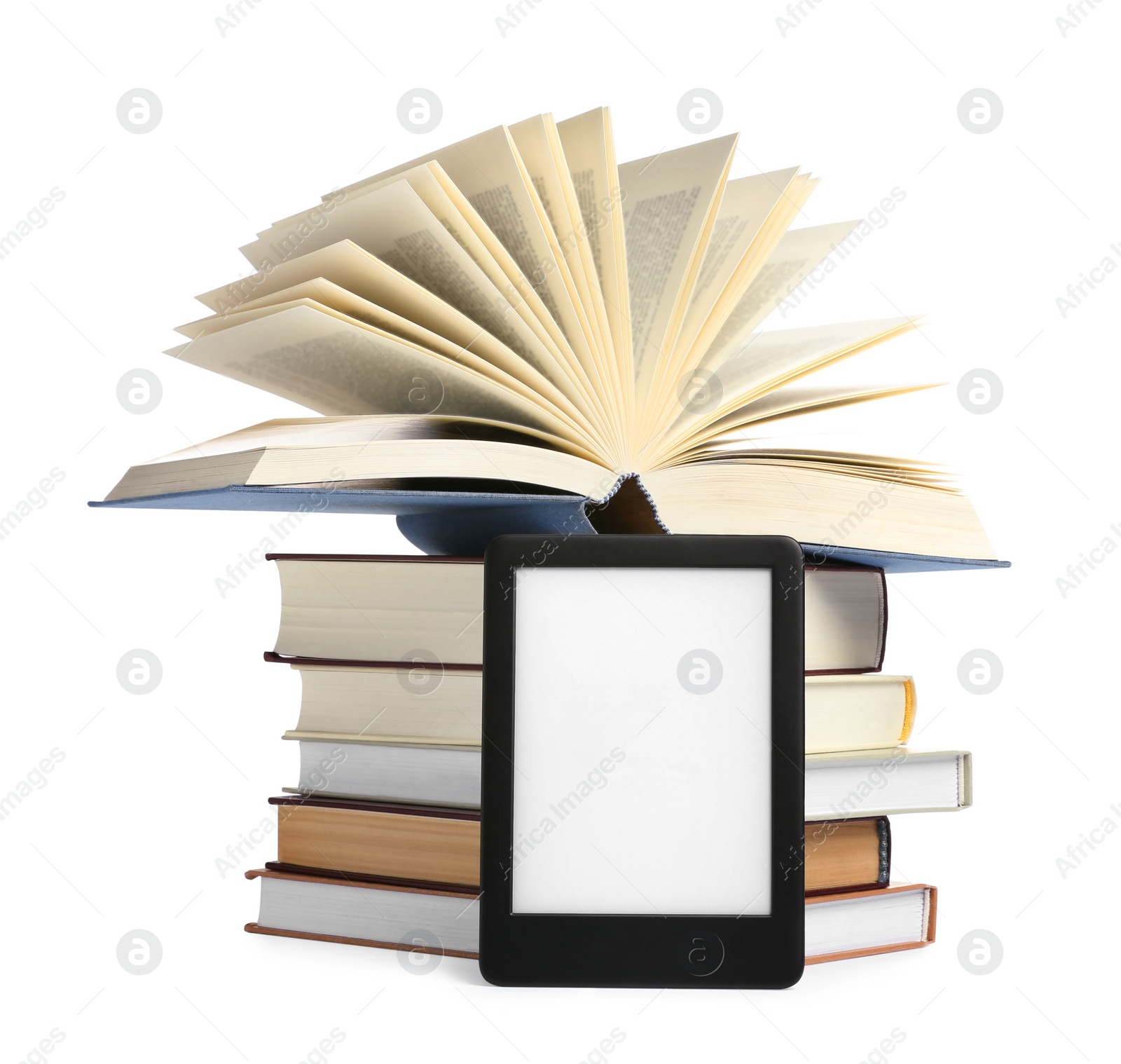 Photo of Modern e-book and stack of hardcover books isolated on white