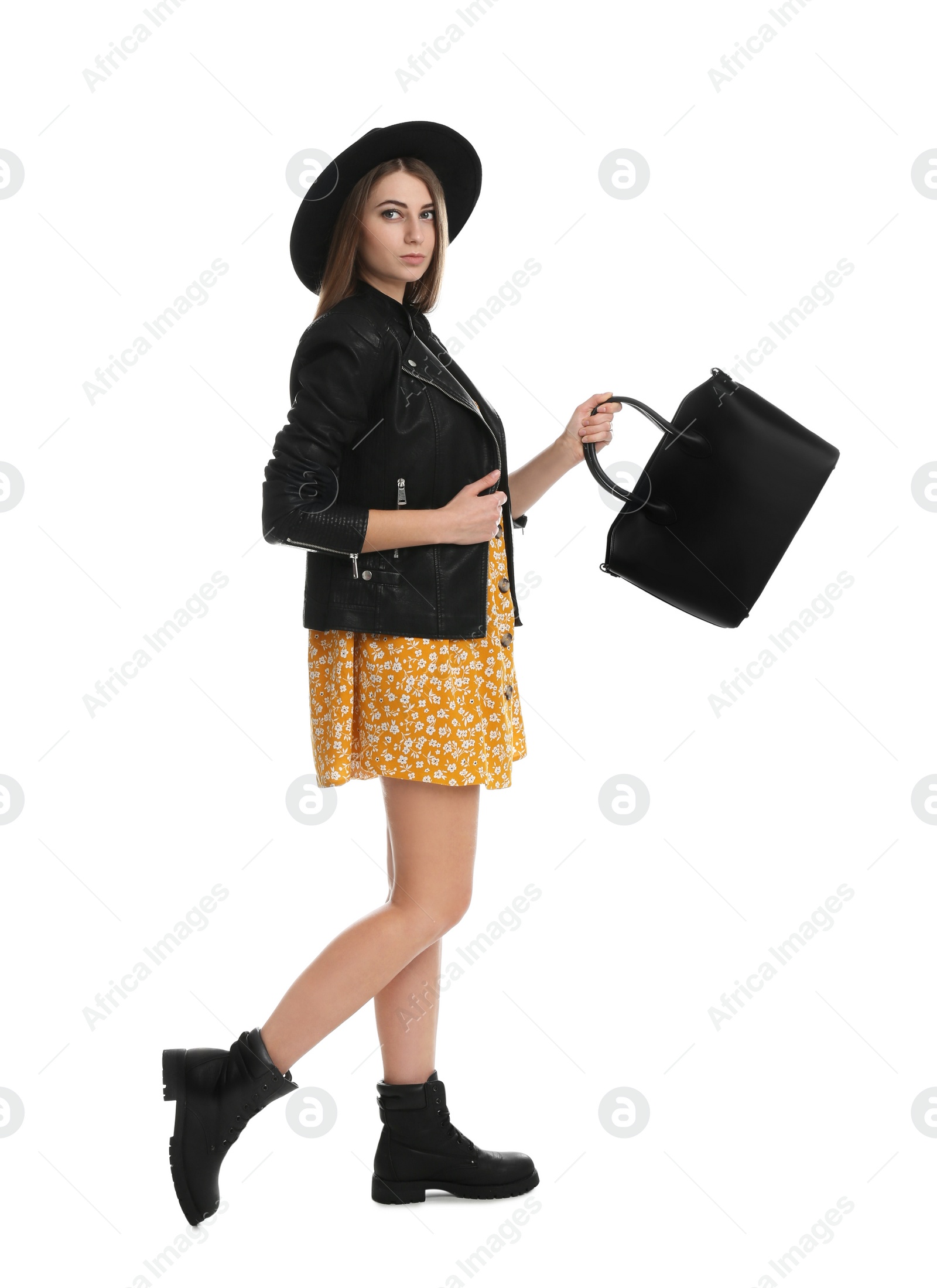 Photo of Beautiful young woman with stylish bag on white background