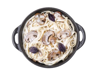 Photo of Delicious pasta with mushrooms on white background, top view