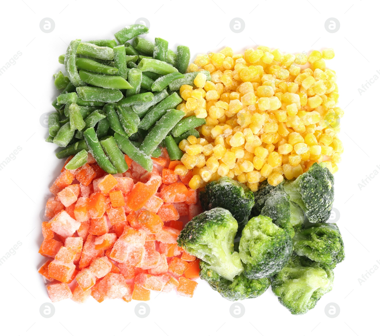 Photo of Different frozen vegetables isolated on white, top view