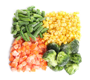 Photo of Different frozen vegetables isolated on white, top view