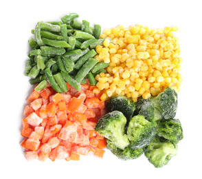 Different frozen vegetables isolated on white, top view