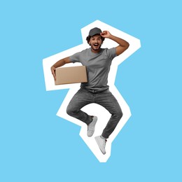 Surprised courier with parcel jumping on light blue background