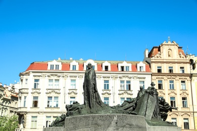 PRAGUE, CZECH REPUBLIC - APRIL 25, 2019: Jan Hus Memorial in Old Town Square. Space for text