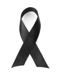 Photo of Black ribbon on white background, above view. Funeral symbol