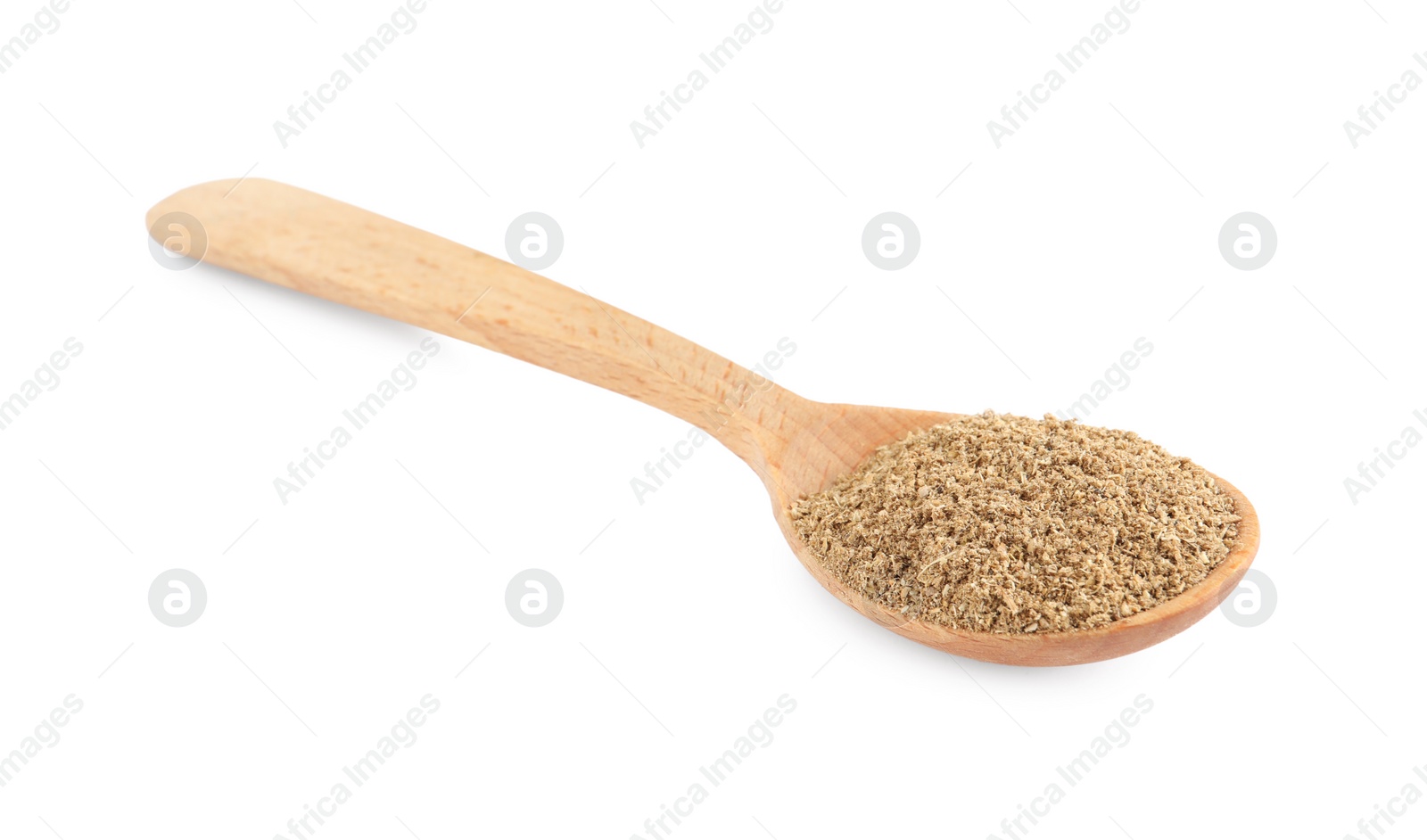 Photo of Wooden spoon with powdered coriander on white background