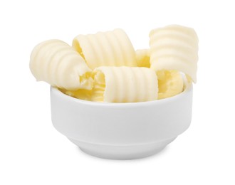 Photo of Tasty butter curls in bowl isolated on white