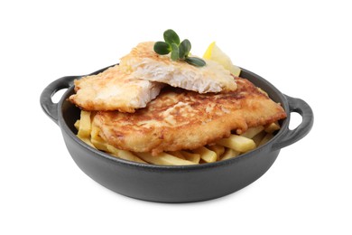 Photo of Tasty fish in soda water batter, potato chips and lemon slice isolated on white