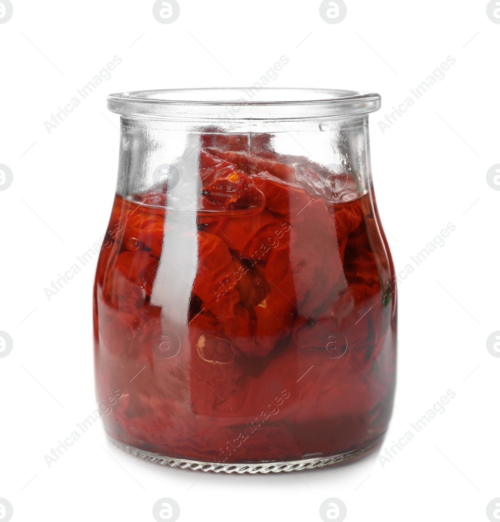 Photo of Jar with sun dried tomatoes on white background