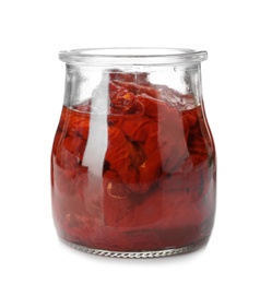 Jar with sun dried tomatoes on white background