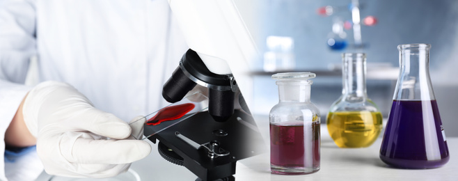 Image of Scientist doing research and analysis in chemical laboratory, closeup. Banner design   