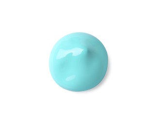 Photo of Sample of turquoise paint on white background, top view