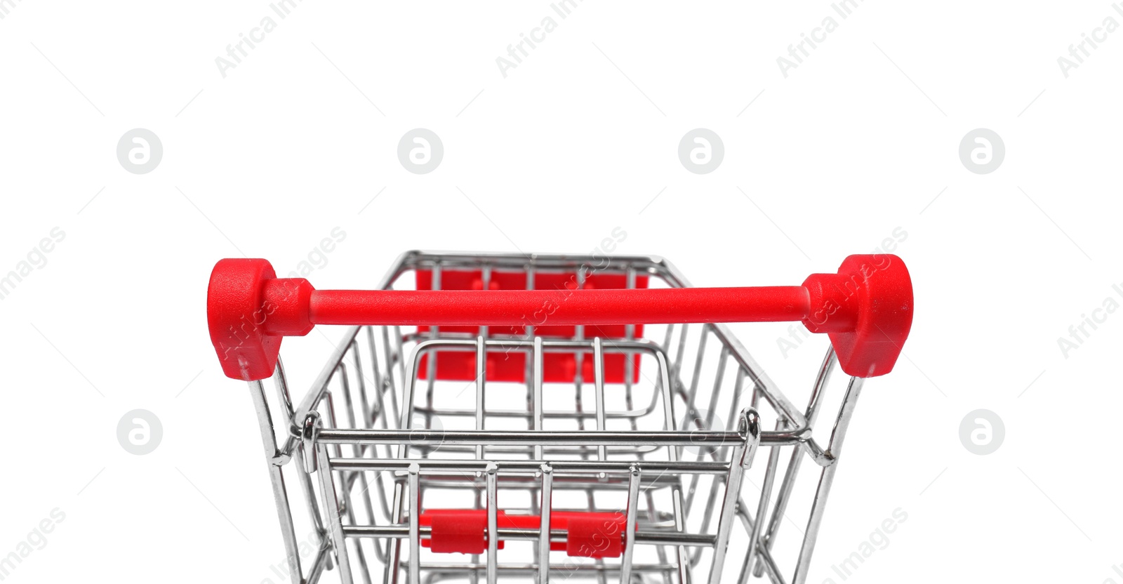 Photo of Empty mini metal shopping cart isolated on white