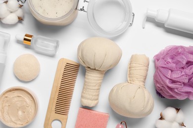 Bath accessories. Flat lay composition with personal care products on white background