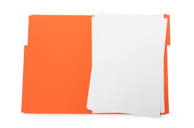 Orange file with blank sheets of paper isolated on white, top view. Space for design