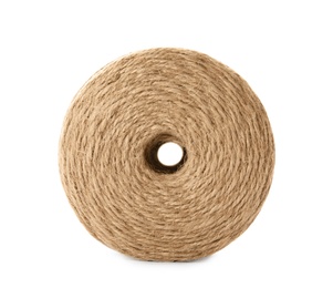 Photo of Spool of hemp rope on white background