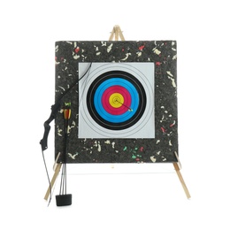 Photo of Bow, arrows and archery target on white background